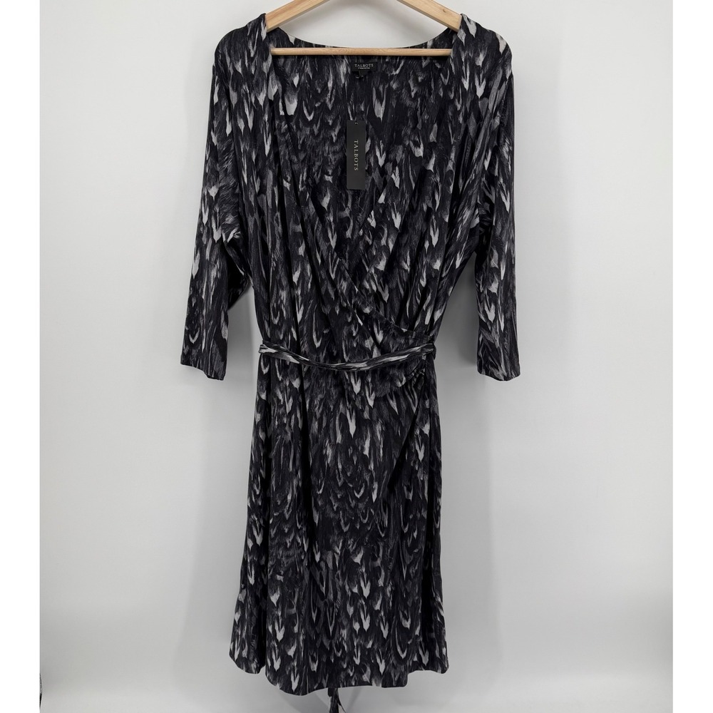 Talbots Dress Women's 1XP Black Grey Abstract Ikat Faux Wrap 3/4 Sleeve Jersey